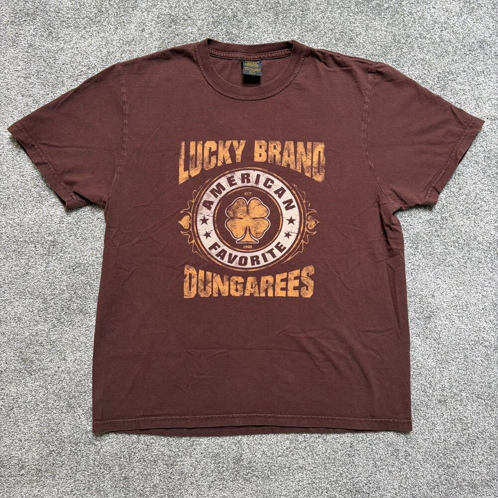 Vintage Lucky Brand Shirt Medium Mens Y2K Brown Clover Graphic Made USA
